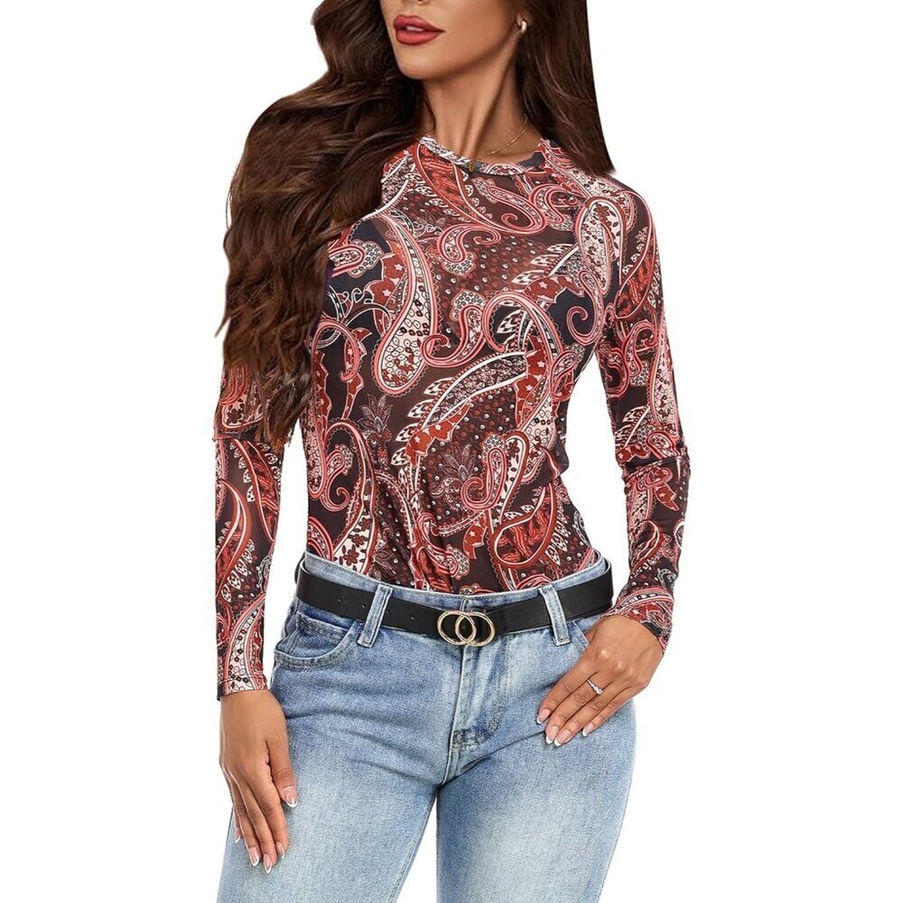 🆕Women Brown Floral Polyester Mesh Top  Crew  Neck Long Sleeve  See-Through Tee